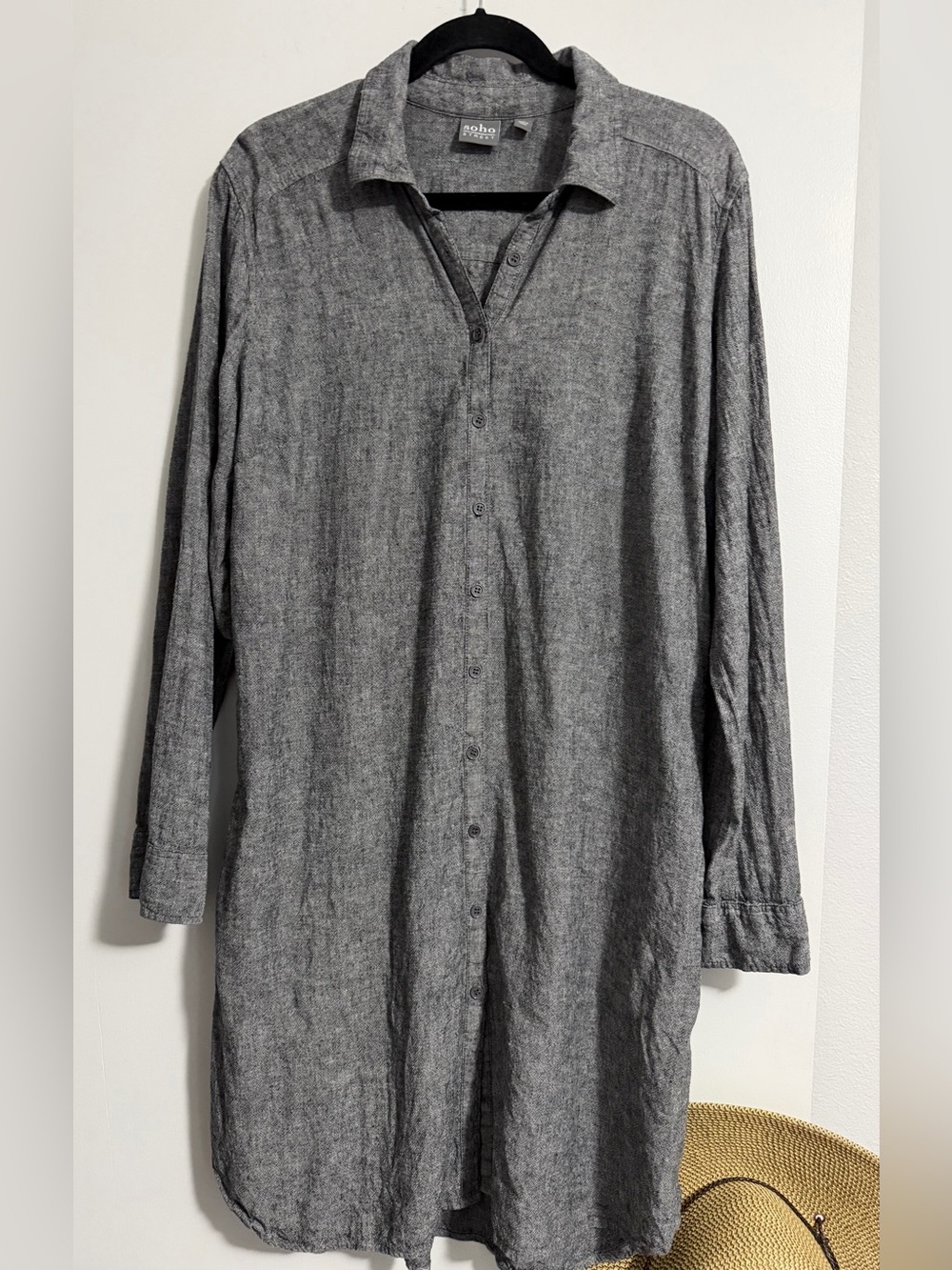 Soho Street XL linen blend MIDI long slv shirt dress heather grey Side pockets